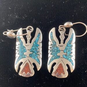 Artisan Silver and Turquoise Earrings with Red Accents